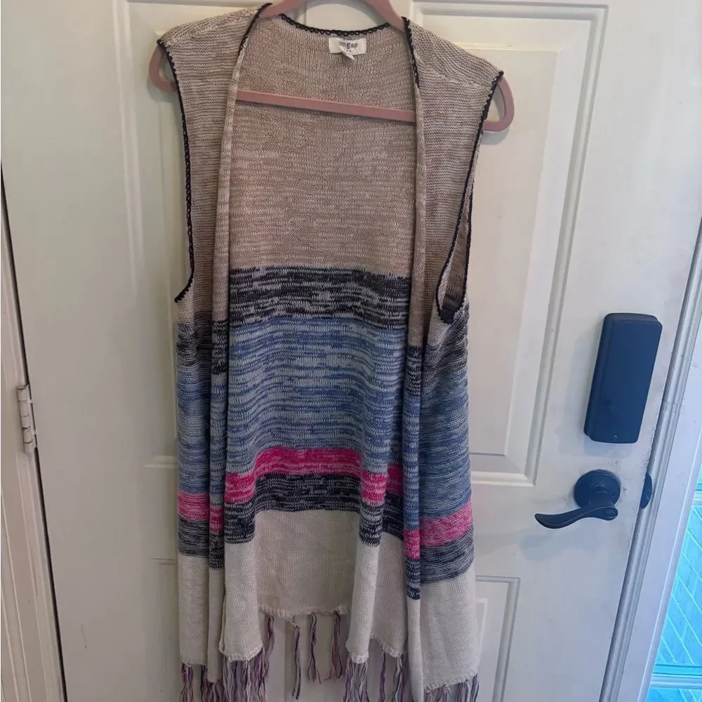 Anthropologie Umgee Cream, Blue & Pink Striped Open Front Fringe Vest